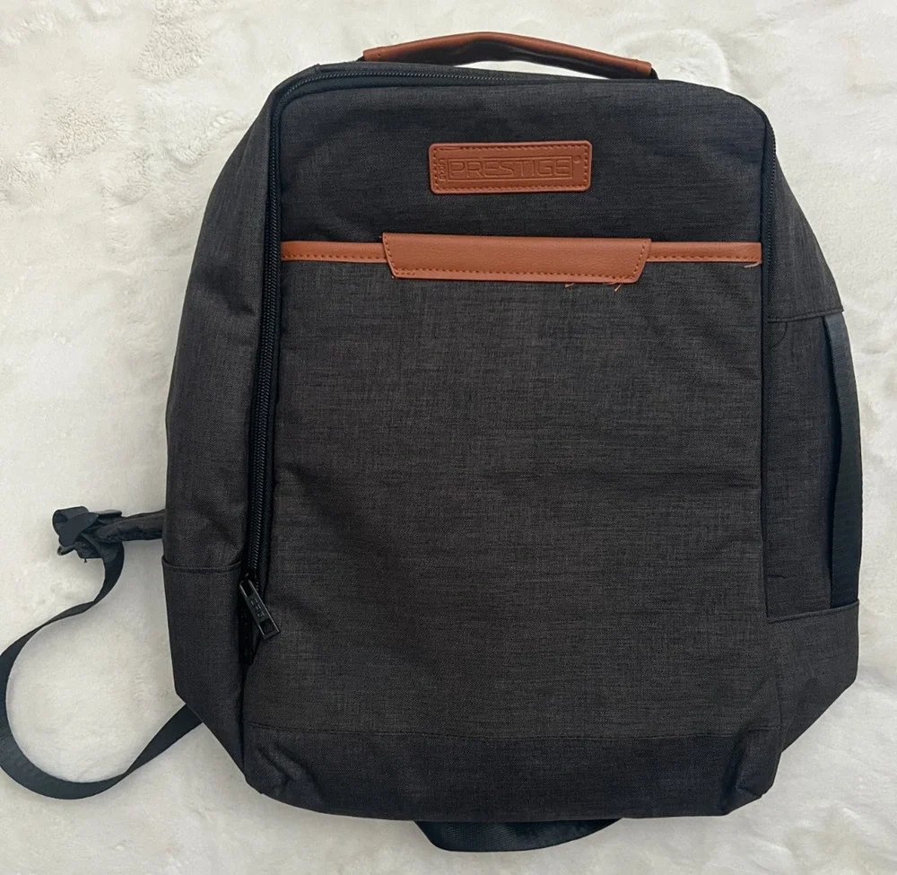 Prestige Backpack Black Brown Trim Laptop Travel Work School Bag New
